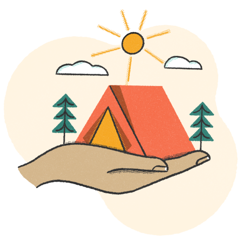 A hand holding a tent and a sun, depicting outdoor camping and sunny weather.