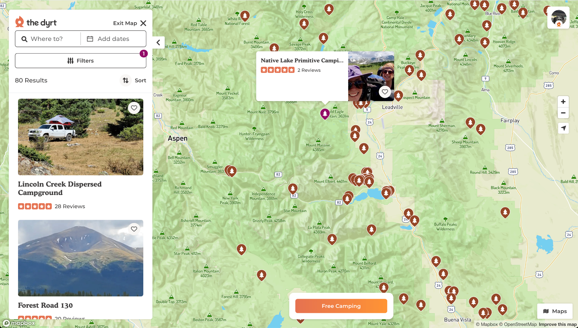 Free camping map shown on a laptop