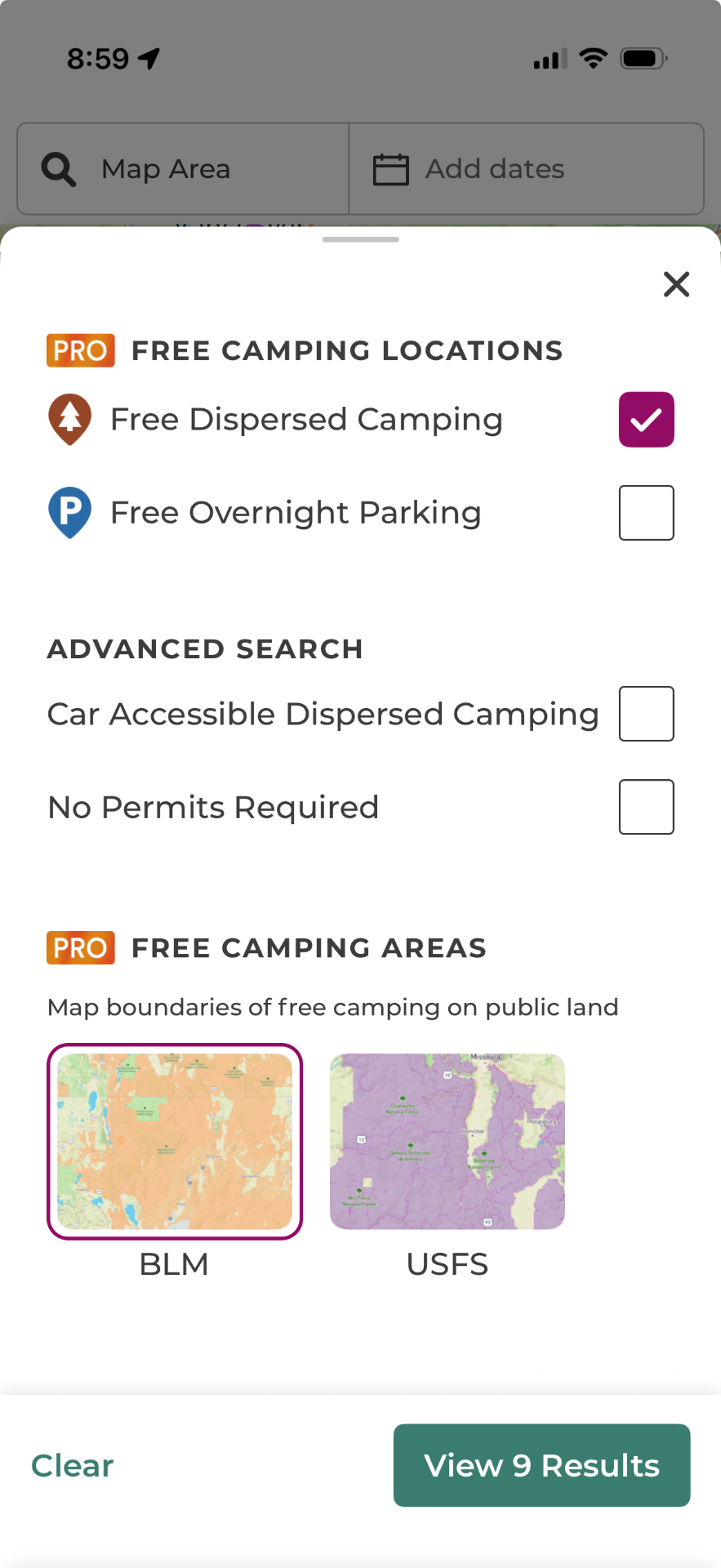 Free camping map shown on an iPhone
