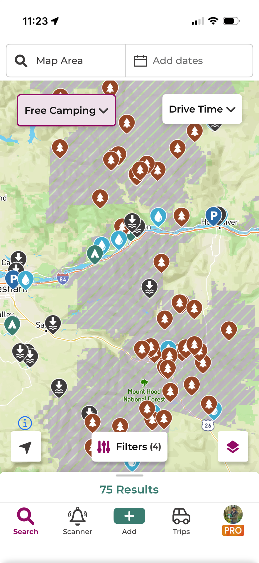 Free camping map shown on a phone